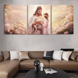 Three-Panel Jesus and Lamb Wall Art, Framed Canvas Religious Decor, Easter and Church Decoration, Flat 2D Design, Pine Wood Material
