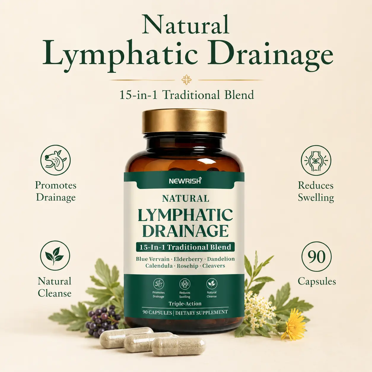 Newrish Nature's Sunshine Lymphatic Drainage Supplement: Reduce Bloat, Reduce Puffiness, Detoxify, Support Lymph Flow-90 capsules