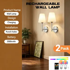 2Pcs Fabric Wall Lamps, No Wiring Required, RGB Rechargeable Bulbs, Powered by a 2000mAh Battery, Includes Remote Control, For Bedrooms, Living Rooms, Hallways, Dining Rooms, and Other Spaces, Drilling Required