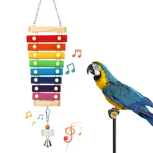 Premium Parrot Xylophone Chew Toy for Birds Natural Wooden Hanging Toy with Grinding Stone Safe Colors for Macaws African Greys Cockatoos Bird Enrichment Beak Care