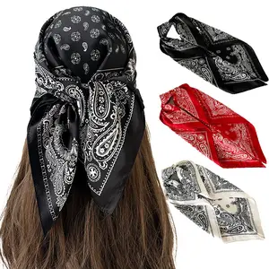 Women's Headscarf, Black‑and‑White Cashew‑Patterned Silk Scarf, 70cm Square Scarf for Head Wrapping, Thin Summer Scarf for Women for Athletes & Outdoor Enthusiasts