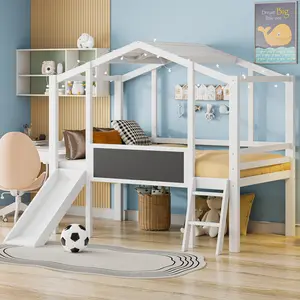 Dreamzon Twin Size Loft Bed with Ladder and Slide, House Bed with Blackboard and Light Strip on the Roof, White