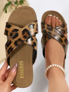 Women's Fashion Leopard Print Sandals, Sexy PU Material, Graphic Pattern, Less Than Ankle Height, Non-Slip Rubber Sole, Summer Outdoor Shoes