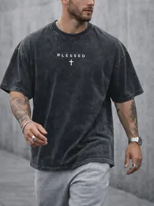 Oversized Washed Round Neck T-Shirt Men | Vintage Streetwear Blessed Cross Tee  Heavyweight Cotton