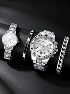 4-Pack Silver Men's Women's Couple Watch Set - Classic Business Casual Style, Simple Design, Suitable For Gift Giving, School Supplies, Halloween And Christmas Decorations, Gift Watch Set | Elegant Clock Set, Analog Quartz Watch