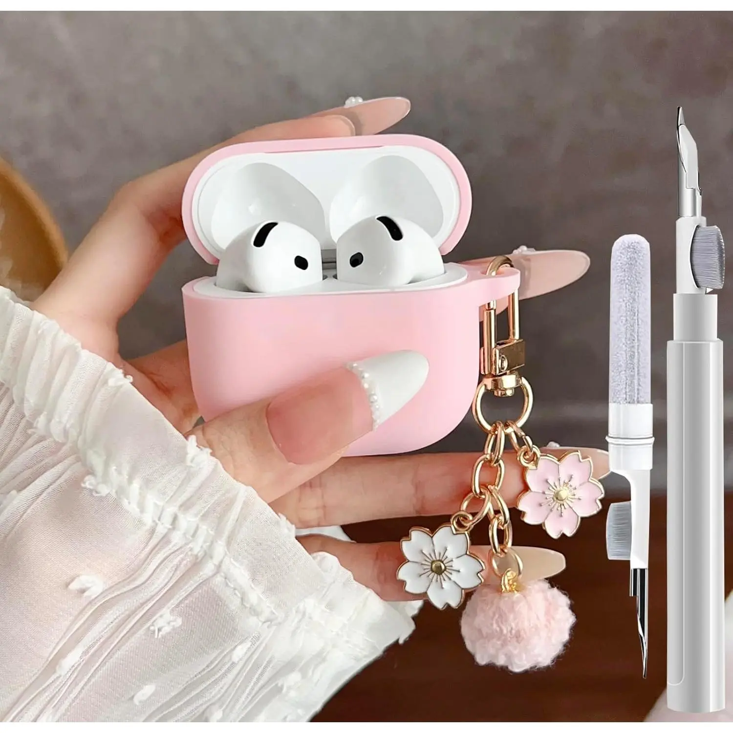 Cute Pink Case for Airpods 4 Cover for Girl Women with Pom pom Flower Keychain & Cleaner Kit, Soft Silicone Airpods iPod 4 Gen Protective Cover Skin for Airpod 4 Pink