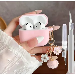 Cute Pink Case for Airpods 4 Cover for Girl Women with Pom pom Flower Keychain & Cleaner Kit, Soft Silicone Airpods iPod 4 Gen Protective Cover Skin for Airpod 4 Pink