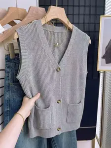 Women's Waffle Knit Vest, Sleeveless Button Front Cardigan with Pockets, Casual Basic V Neck Knitted Top, Fashionable Textured Button Vest