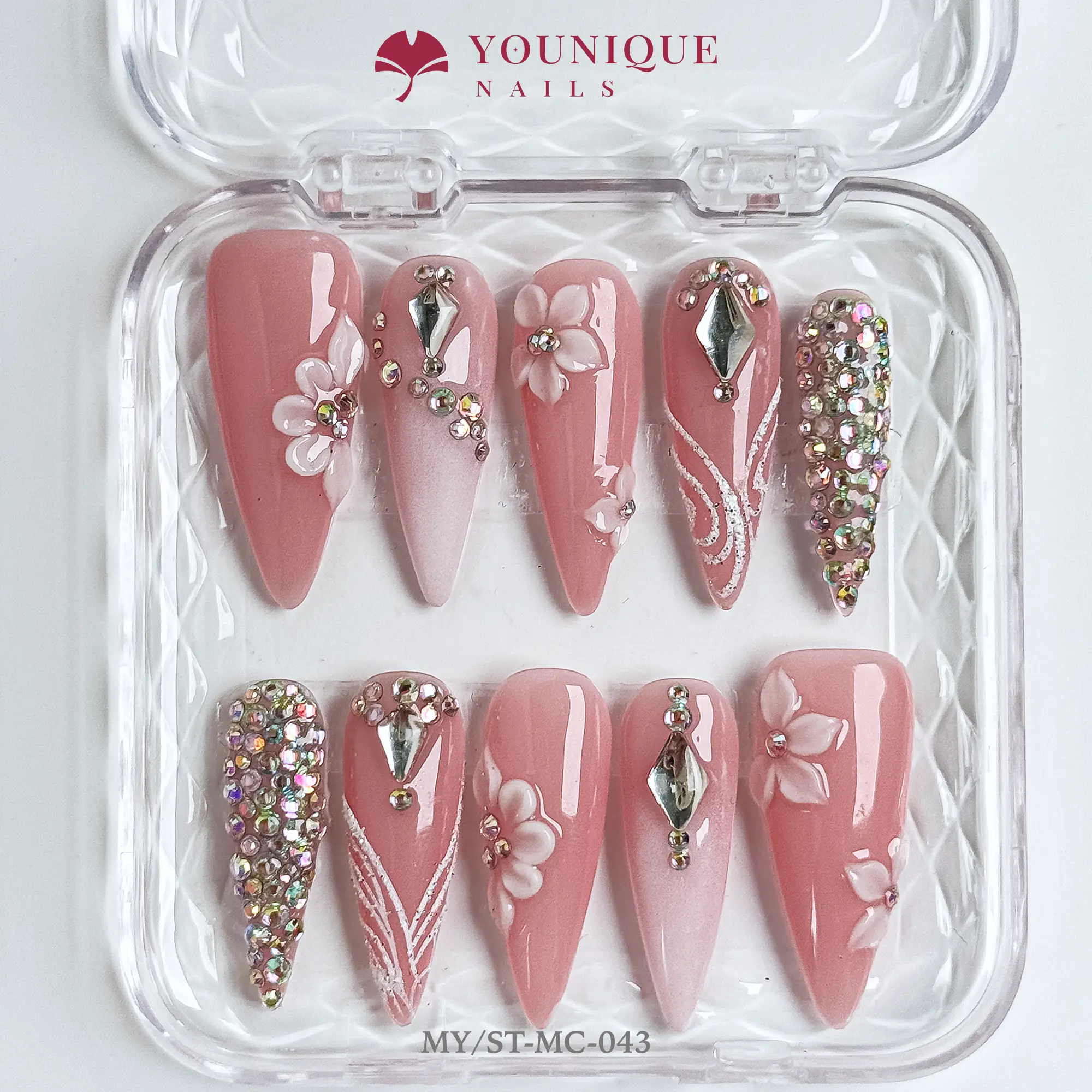 Younique Nails  | 10PCS 100% Handmade Press-On Nails | Reusable Colorful Art Glossy Design Acrylic Luxury Long Lasting 3D Stylish Office Wear Floral Embellished Rhinestone salon-quality