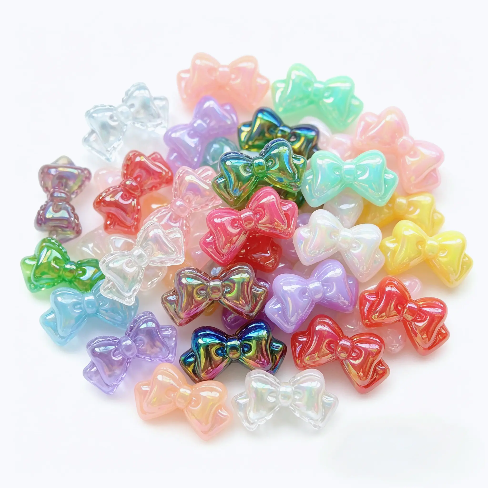 Cute UV-plated bow beads, 15-piece mixed color set, transparent and solid colors mixed, acrylic bow beads, suitable for jewelry making bracelet accessories.