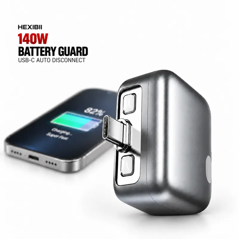 Hexibii 140W Max Power USB-C Physical-Disconnect Battery Guard Charger - Auto Eject, Auto Stop, Fast Charging, Pass-Through, Overvoltage Protection for Handheld Mobile Devices (iPhone 12-14 Need Separate C-L Lightning Cable, AI Detection Enabled)