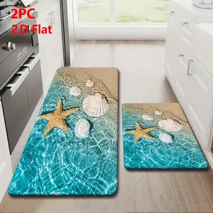 2pcs/3pcs Flannel Kitchen Mat Set, Blue Sea Theme, Starfish & Shell Design, Non-Slip, Absorbent, Home Decor