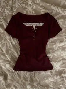 Women's Summer Knit Simple Y2K Four-Season T-Shirt, Lace Patchwork Two-Piece Ladies Tee, Casual Commuter Button Short Sleeve Fitted Top