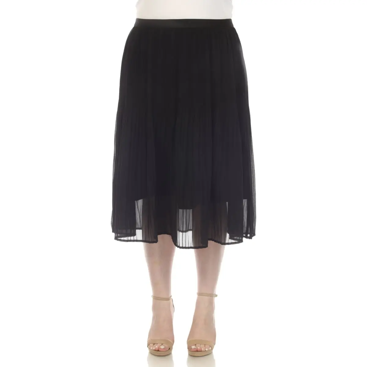 212 MAIN Women's Elegant Plus Size Pleated Midi Skirt - Soft, Elastic, Lightweight Polyester Chiffon Fabric Bottom, Black, PS7331-01, 2X