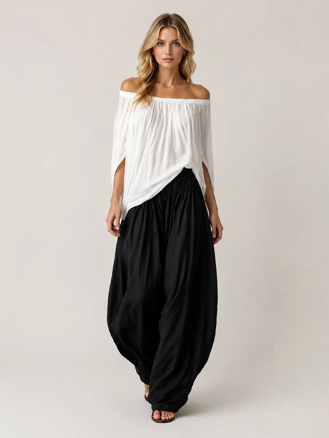 Women's 2-Piece Color Block Set Outfit - Off-Shoulder Batwing Sleeve Top, Loose-Fit Harem Pants, Comfortable Everyday Style Casual Lounge Wear