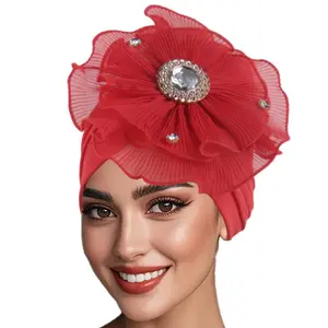 Elegant Ruffled Floral Turbans for Muslim Women – Stylish Polyester Hats