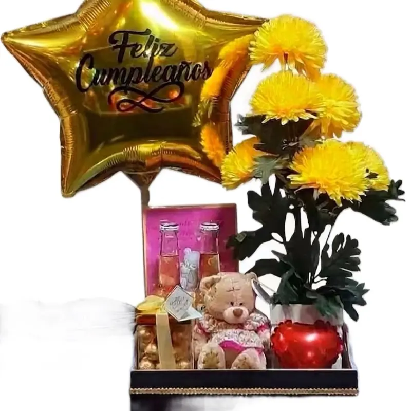 Arreglo De Feliz Cumpleaños Con Flores Oso De Peluche Y Chocolates