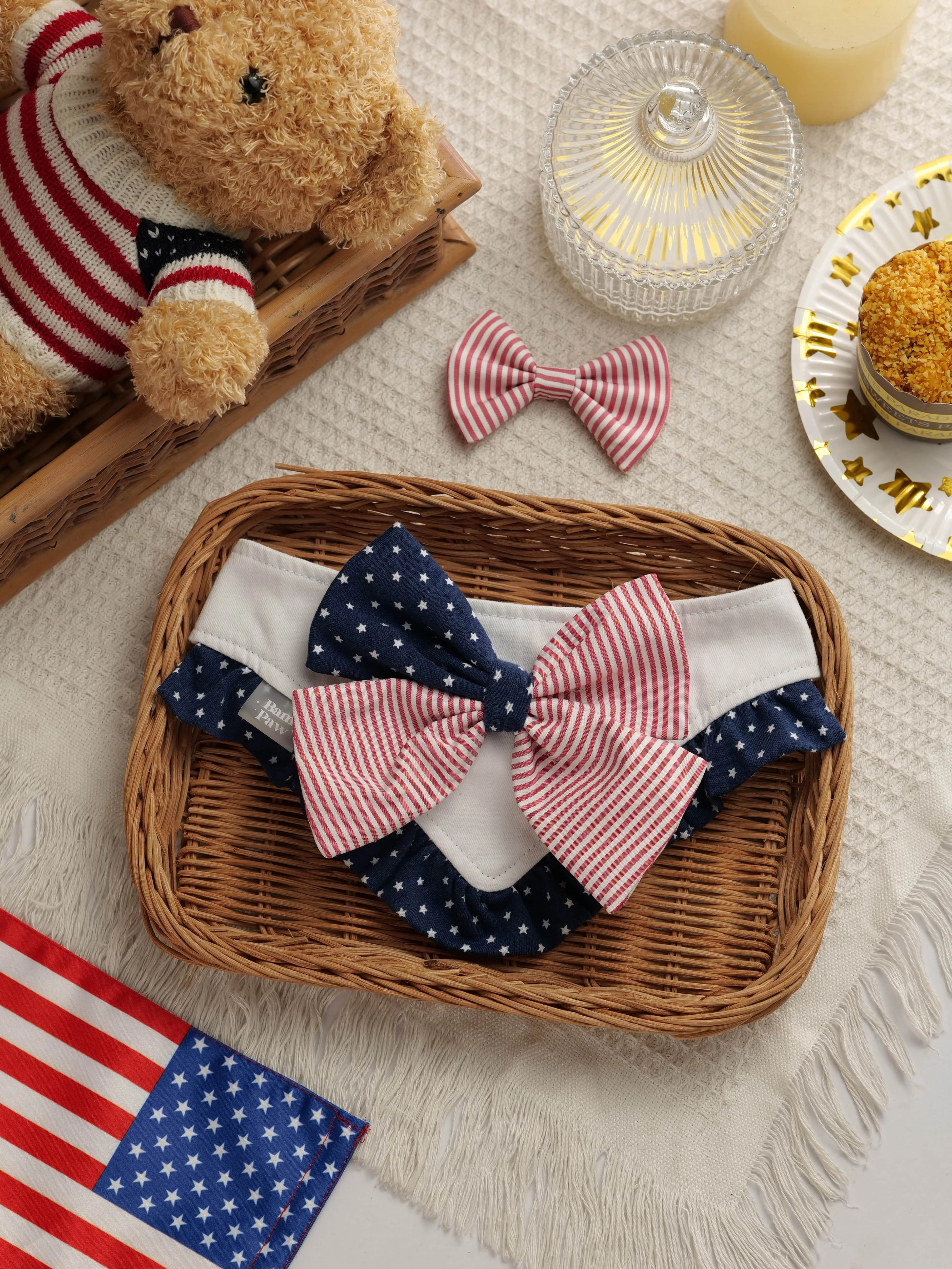 Bam Paw American Cutie Dog Bandana - Handcrafted with Snap-On Buttons & Curved Neck for Comfortable Fit
