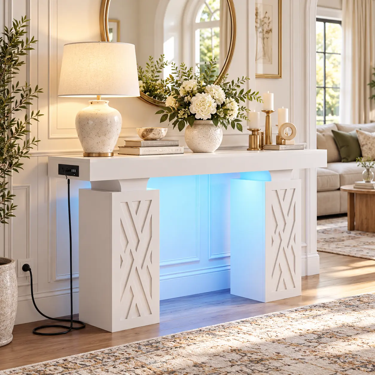 iSunirm 63" Entryway Console Table with Hollow Carved Leg Storage, 400+ lbs Load, Reversible Outlets & RGB Light, Space-Saving Sofa Table for Hallway Foyer, Living Room