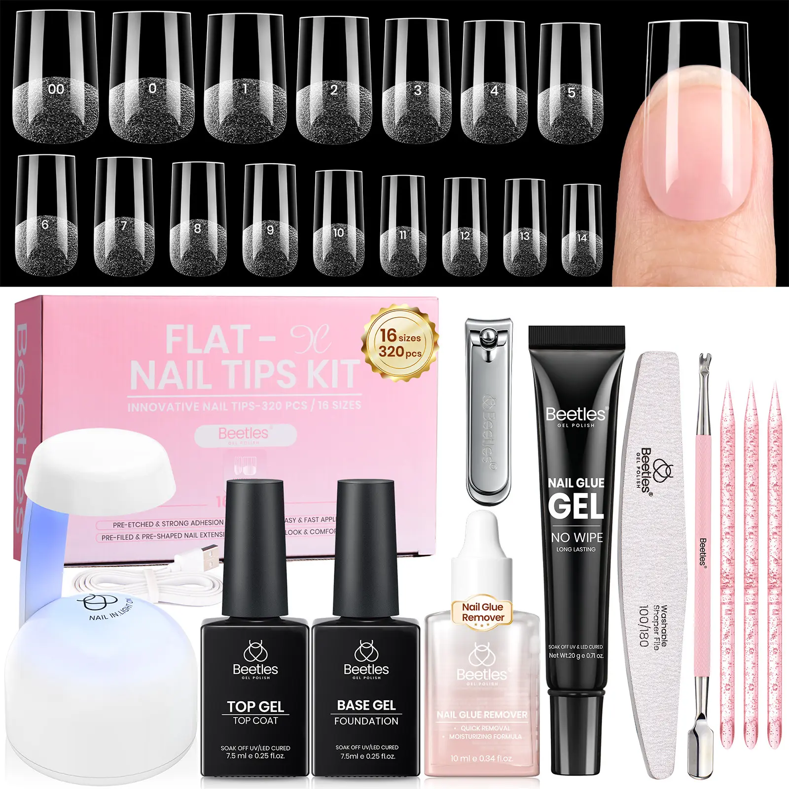 Beetles Flat-X Fake Nails Kit, Gel Nail Set with 320pcs 16-Size Tips, 20g Hands-Free Glue, 10ml Remover, 7.5ml Base & Top Coat, Mini Lamp for At-Home Acrylic Extension DIY