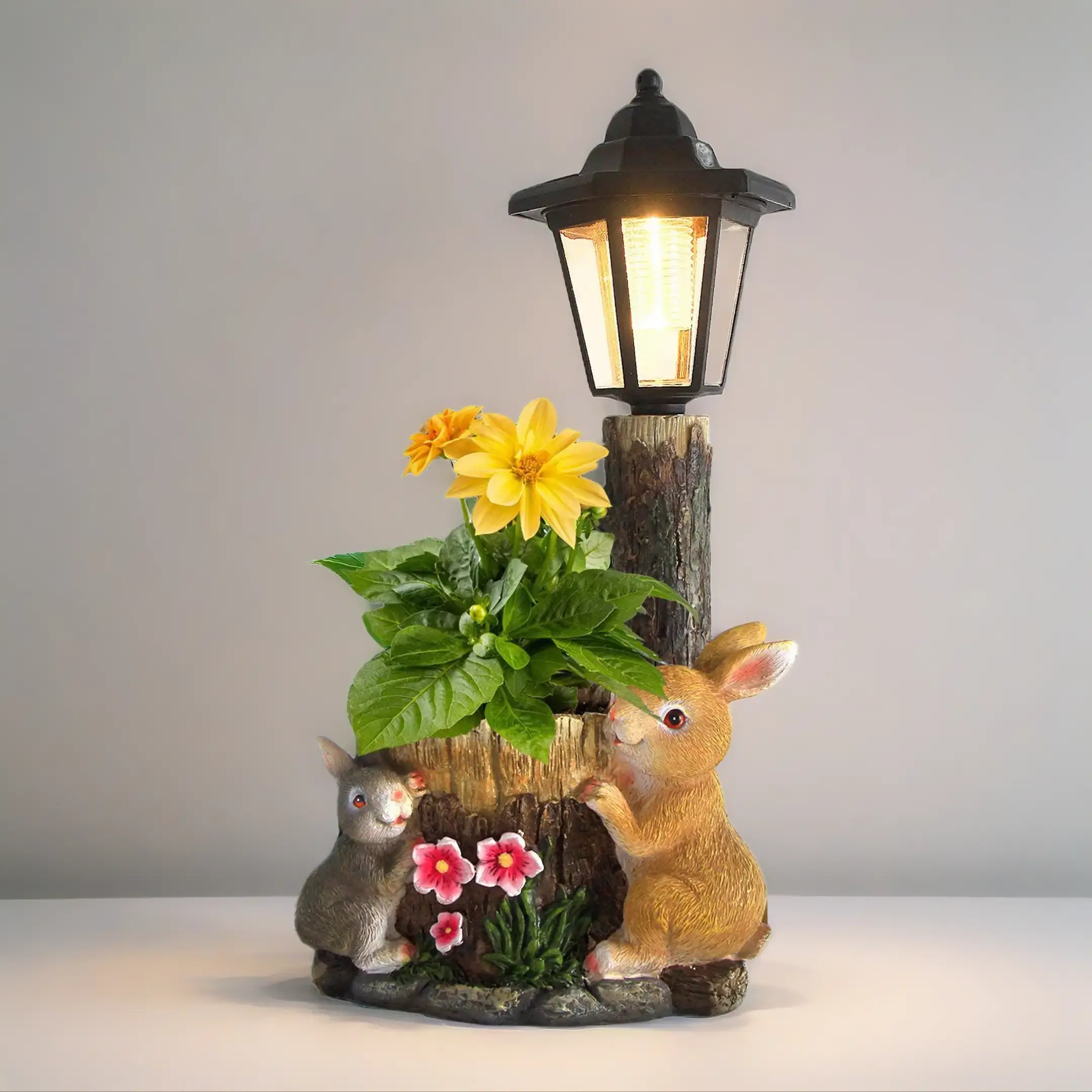 Cute Rabbit Solar-Powered Light Flowerpot Statue - Outdoor Garden Succulent Planter, Home Decor Sculpture Figurine Accessory (Artificial Flowers Not Included), Cute Rabbit Glow sohochic