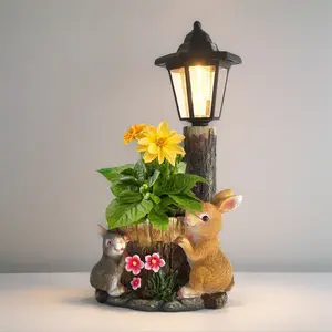Outdoor Rabbit Flowerpot Garden Statues Sculpture Figurine Decor Solar Powered Light Planter Succulent(not include artificial flowers)