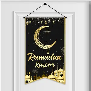 Ramadan Mubarak Hanging Door Sign, Moon Lantern Banner, Decorative Banner, Eid Al-Fitr Home Decor, Premium Polyester Fabric, Includes Pole + Rope