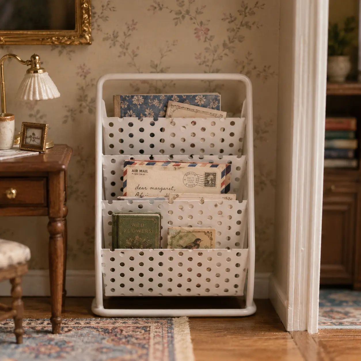 1:12 Miniature Iron Magazine Rack Dollhouse White Newspaper Stand Decor
