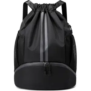 Drawstring Gym Bag for Men,Waterproof Drawstring Backpack for Women,Swim Bag with Shoes Compartment, Pull String Sport Bag for Soccer and Basketball