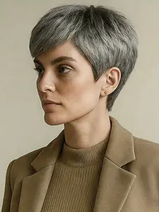 Pixie Cut Wig Silver Color Short Human Hair Wig with Bangs, Casual Curly Style for Women, Perfect Daily Wear & Party Look