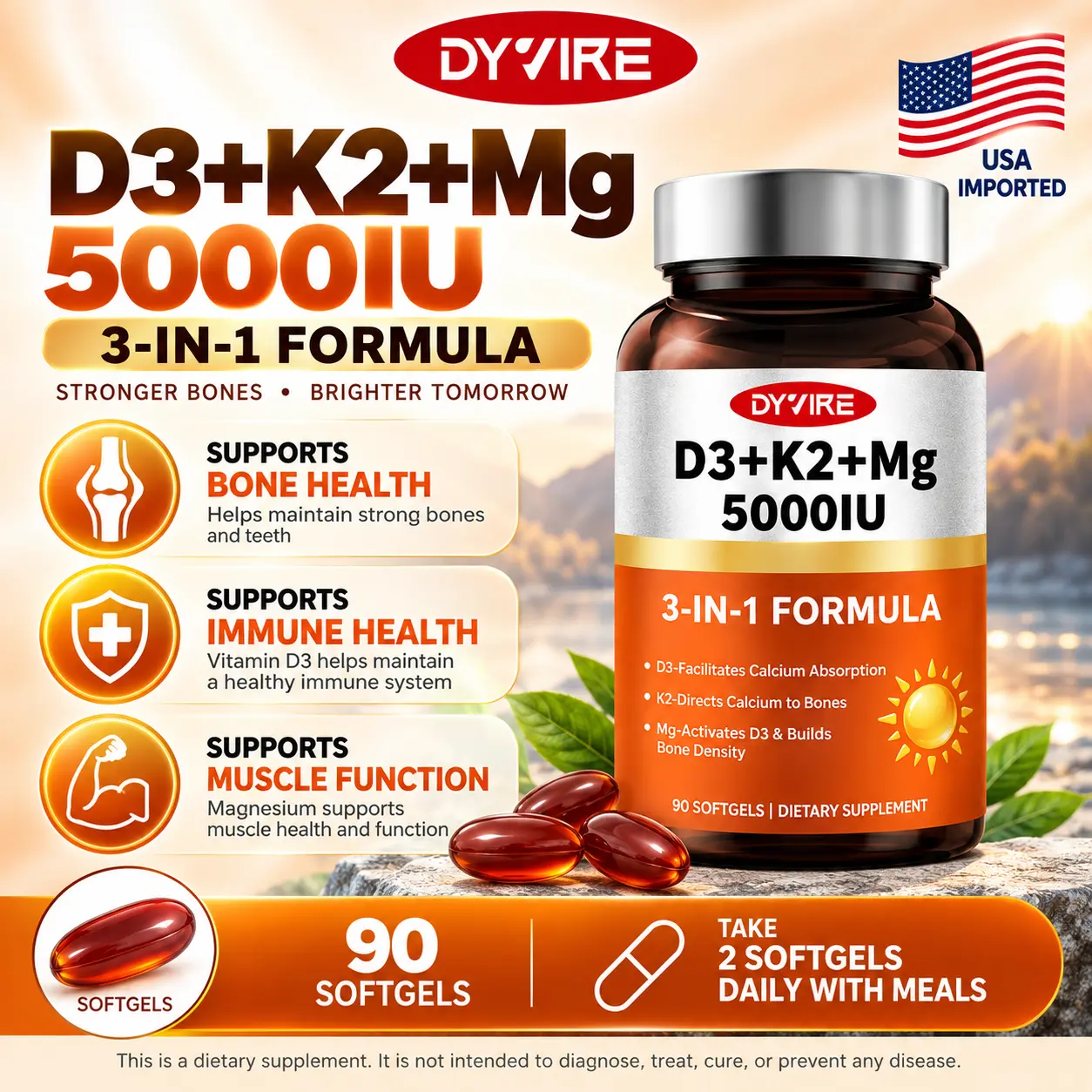 DYVIRE D3+K2+Mg 5000IU 3-in-1 Formula for Stronger Bones supplement 90 Softgels USA Imported exp08/2029