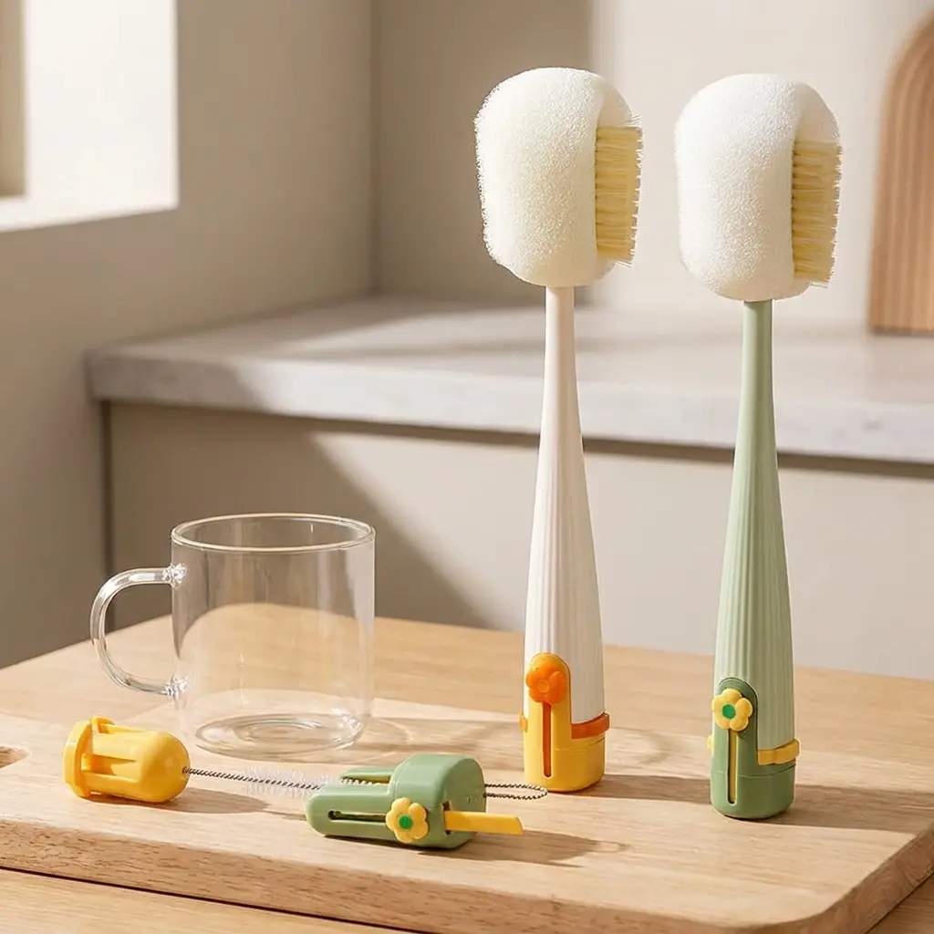 3-in-1 Freestanding Bottle Cleaning Brush Set with Flower Motif - Home Care Cleaning and Organizing Tool, Detachable Hidden Base, Dual-Action Head, Sponge, Hidden Straw & Lid Brushes for Daily Bottle Maintenance, Cute Aesthetic