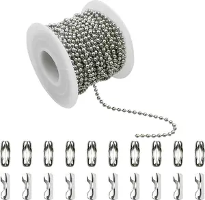 32.8 Feet Stainless Steel Ball Beaded Chain Necklace Chains for Making Jewelry with 20 Pieces Matching Connectors Silver Color Metal Pull Chain Roll Spool Ball for Dog Tag DIY (2.4Mm in Diameter) yuntop
