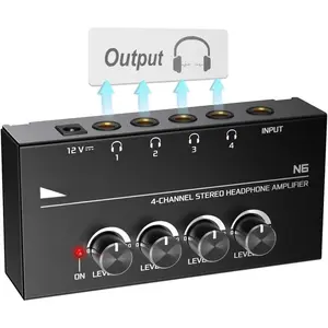 Headphone Amplifier 4 Channels Metal Stereo Audio Amplifier,Mini Earphone Splitter with Power Adapter-4x Quarter Inch Balanced TRS Headphones Output and TRS Audio Input for Sound Mixer-N6