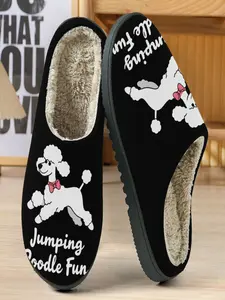 Cute Jumping Poodle Cotton Slippers, Bottom Poodle with Bow Illustration, Warm Fuzzy Lining, Casual Home Wear