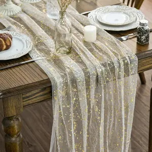 Beige Gold Gauze Table Runner 120 Inch 10FT Glitter Metallic Foil Sheer Dining Wedding Anniversary Holiday Birthday Table Decor 100% Spun Polyester Durable Easy Care Home Decor