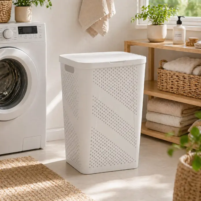 White Rectangular Plastic Laundry Basket with Hinged Lid, Home Supplies Laundry Tool Clothes Hamper White Rectangular Plastic Laundry Basket with Hinged Lid, Home Supplies Laundry Tool Clothes Hamper