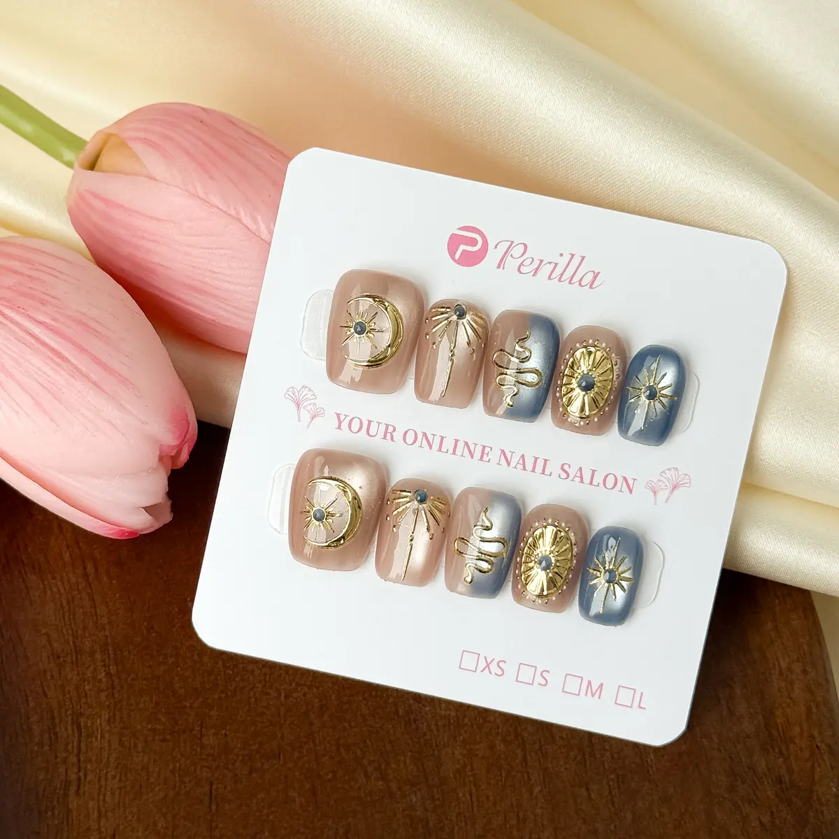 Perilla EX1-EX25 Super Short Handmade Press On False Nails Cat Eye Floral French Tips Butterfly Glue On Nails with Tool Kit