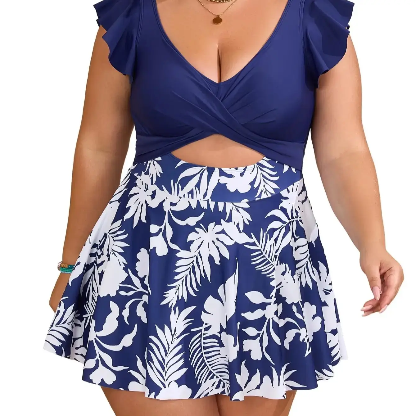 Women's Plus Size Navy Blue Tropical Floral Two-Piece Swim Dress Tankini with Ruffle Sleeves, Front Cutout and Briefs