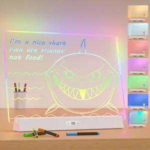 LED Note Board with Colors, Rechargeable 9-Mode Light Up  Dry Erase Board, 14"X10" Neon Glow Desk Sign Letter Message Memo Drawing Board for Home/Bedroom/Store/Office/, 7 Markers White