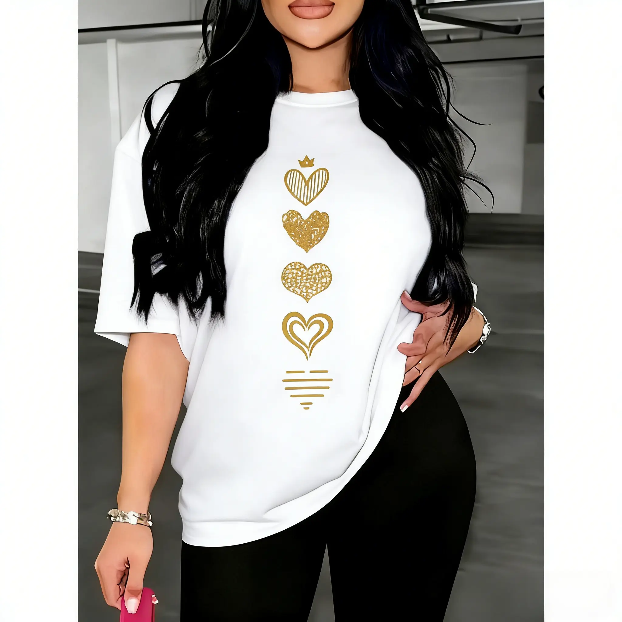 Women's Plus-Size Basic 100% Cotton Smooth Seamless Fabric Round-Neck Short-Sleeve Casual T-Shirt with Heart-Shaped Print, Available in Multiple Colors