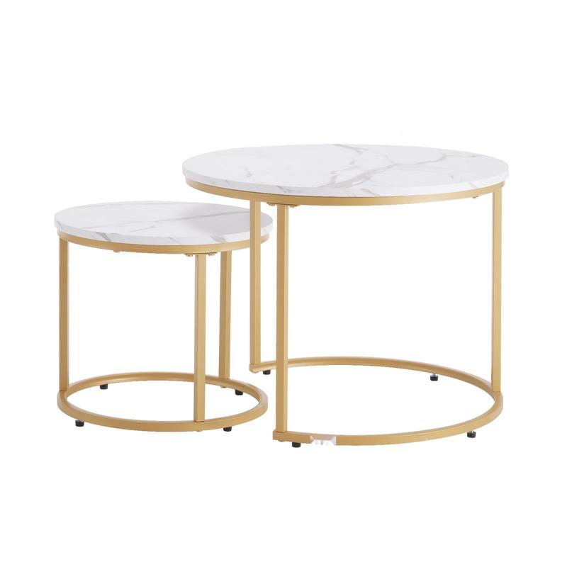 Nesting Coffee Table Set of 2, 23.6-Inch Round Coffee Tables for Small Spaces, Space-Saving Nesting Tables with Metal Frame, Vintage End Tables and Nightstand, Side Tables for Living Room, Bedroom and Office, White and Gold Finish