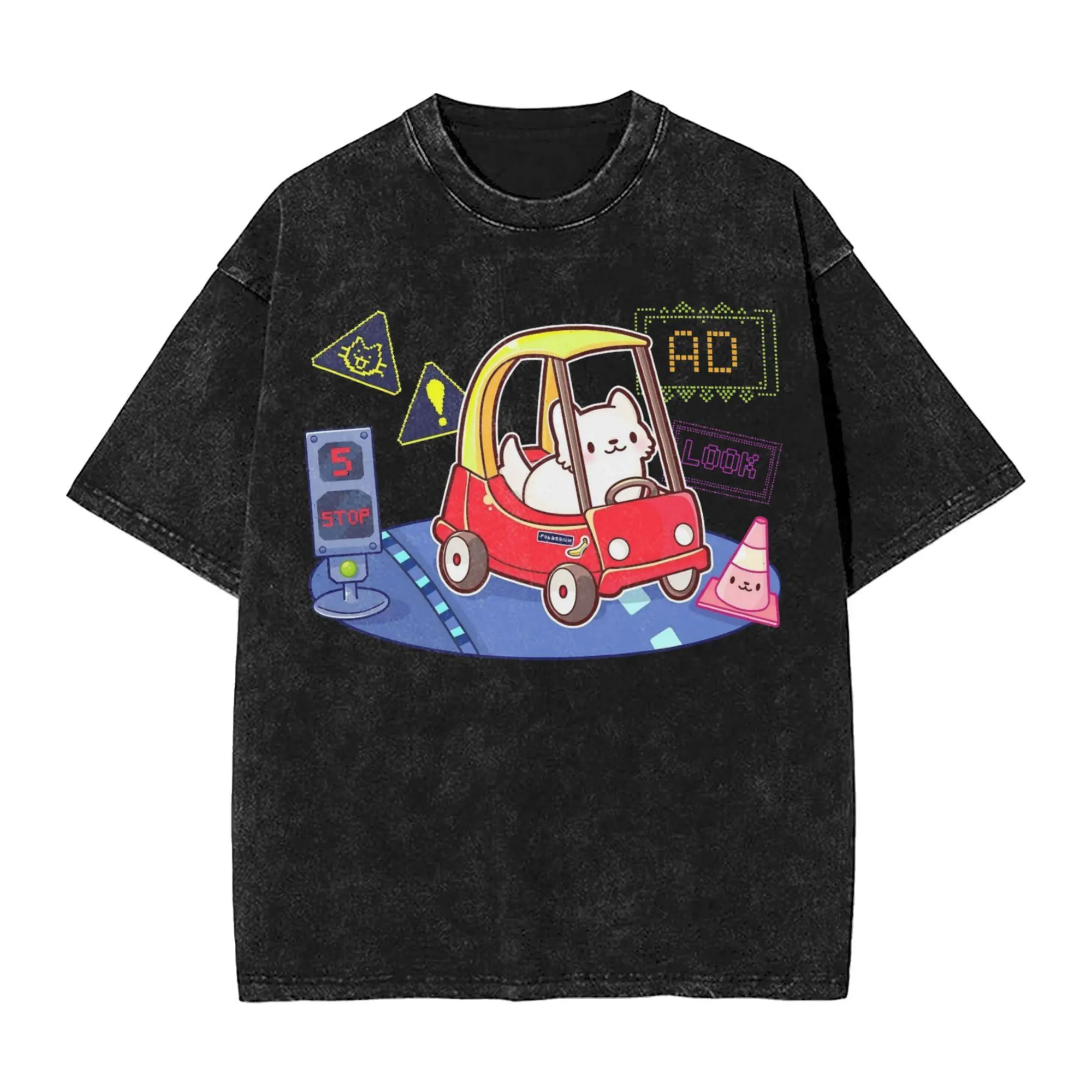 Men's Ralsei Deltarune Graphic Tee, Vintage Washed Cotton Crew Neck, Distressed Harajuku Streetwear with Short Sleeves, Shortsleeve, Casual, All Seasons, Figure, Sports, T-Shirt, Festive, Fitted, Machine Washable, Round, Humor Into Everyday Life