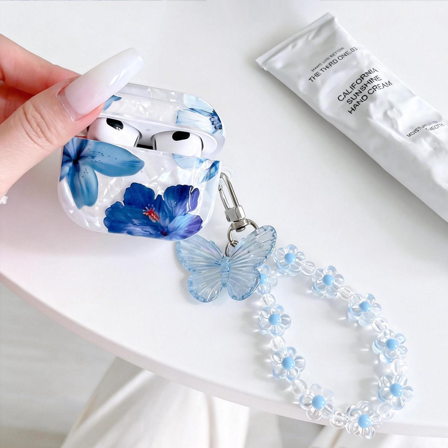 For AirPods 1/2/3/4 Pro/Pro2/Pro3 Cute Blue Butterfly Flower Case with Beaded Bracelet