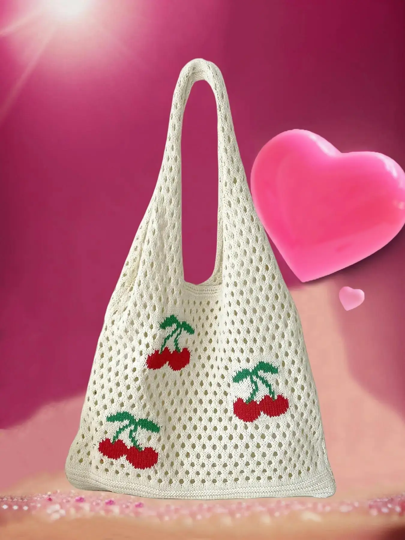 Women's Cherry & Strawberry Pattern Crochet Shoulder Bag, Trendy Fashionable Fruit Pattern Design Bag for Daily Used, Large Capacity Beach Tote Bag fo