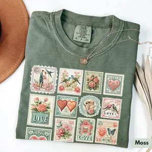 Comfort Colors Vintage Valentines Shirt Womens Valentine's Day Vibes Shirt Valentine Stamps Shirt Cute Gift for Best Friend Tee Love Shirt