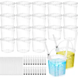 40 Set Clear Plastic Rum Buckets for Drink with Straws Beverage Syringes Drink Buckets for Parties with Handle Reusable Punch Bowls for Cocktail Beverage Party