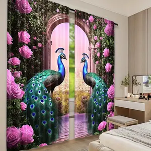 2pcs Elegant Peacock Print Curtains - Vibrant Floral & Cityscape Design, Blackout Drapes for Bedroom, Living Room, or Study Decor, 29.53x65.35in, 41.34x90.55in, 51.18x82.68in,Ornate Embroidery Curtains, Curtains for Living Room, Home Decoration Curtain