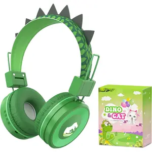 P-HPS018    Kids Bluetooth Headphones, Dinosaur Kids Headphones Wireless with Microphone, Safe Volume 85 dBA, Bluetooth 5.3, Girls Toddler Headphones with Aux Cord for iPad/Tablet/Travel/School, Green