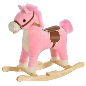 Qaba Rocking Horse Plush Animal on Wooden Rockers Gift for Christmas Day Birthday, Baby Rocking Chair with Sounds, Moving Mouth, Wagging Tail, Pink